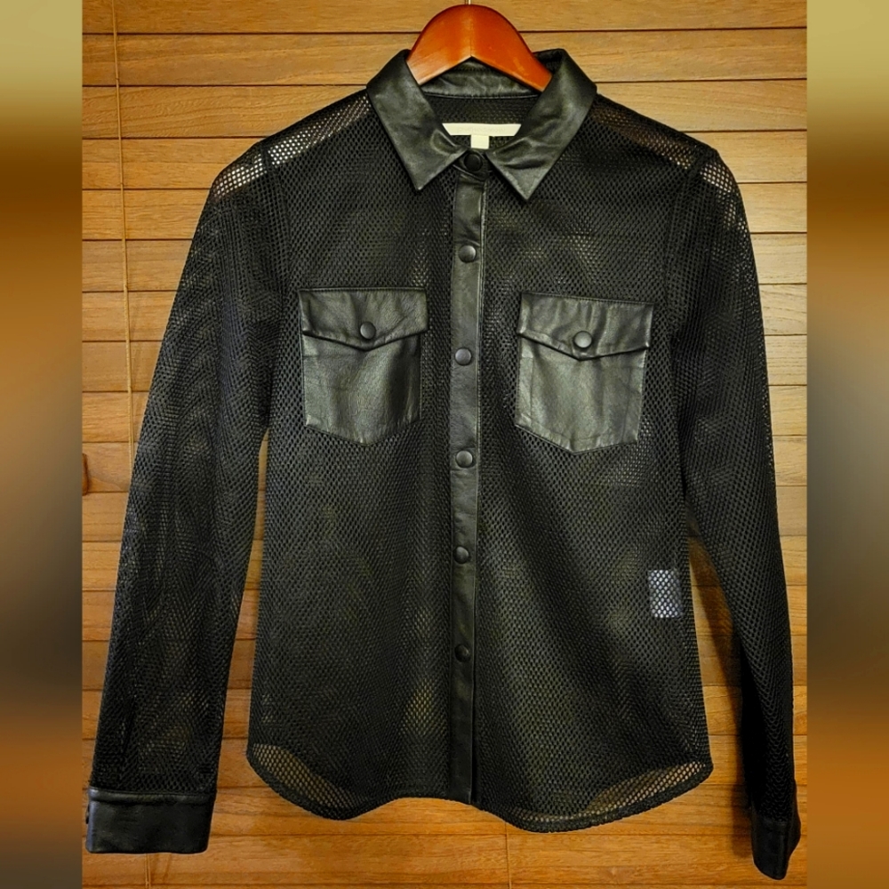 Jonathan Simkhai mesh and leather trim shirt top